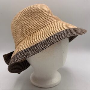 Two-Tone Tan and Brown Woven Cloche Style Sun Hat with Bow – O/S (Approx. 57 cm)